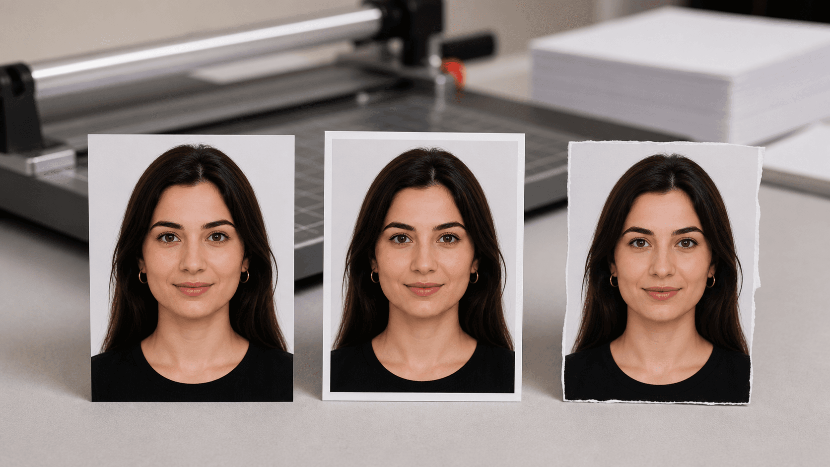 Aynı doğal portreyi gösteren temiz kesilmiş, beyaz dış kenarlı ve düzensiz kesilmiş üç biyometrik fotoğraf baskısının karşılaştırması