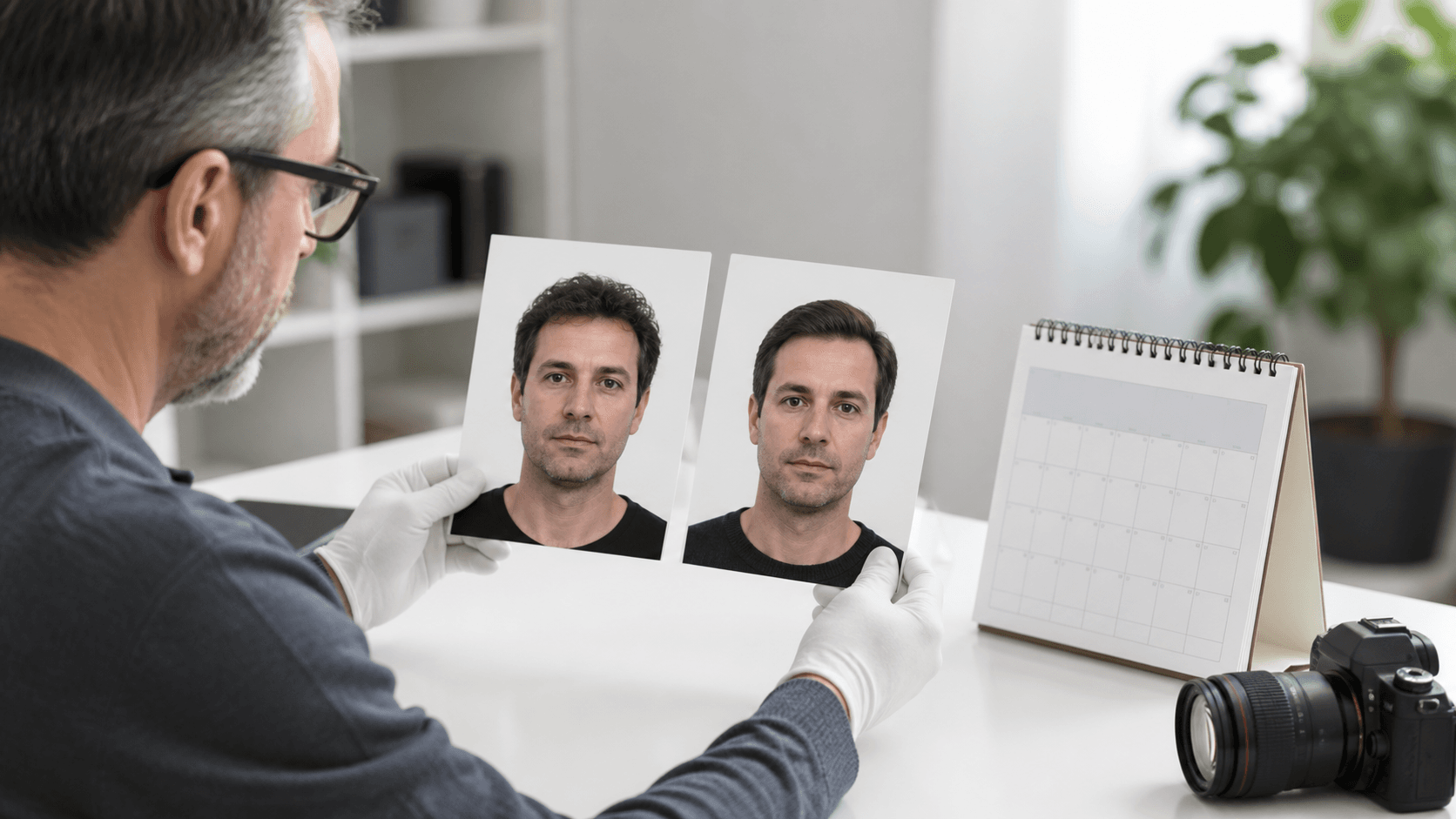 Eski ve güncel biyometrik fotoğraf baskılarını masa takvimi yanında karşılaştıran fotoğraf uzmanı