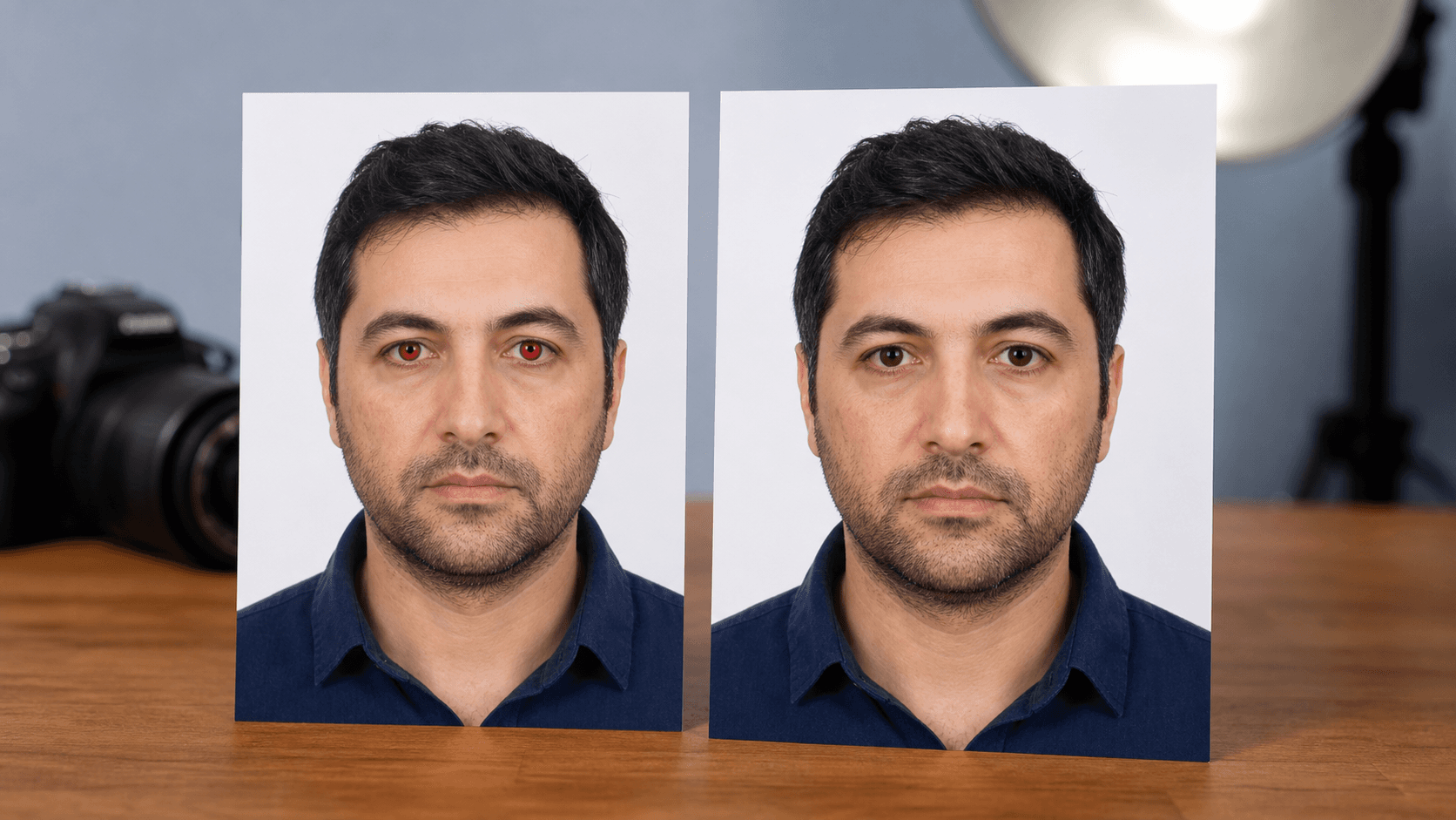 Aynı kişinin flaştan kırmızı göz oluşmuş ve dengeli ışıkla doğal göz rengini koruyan iki biyometrik portre baskısının karşılaştırması