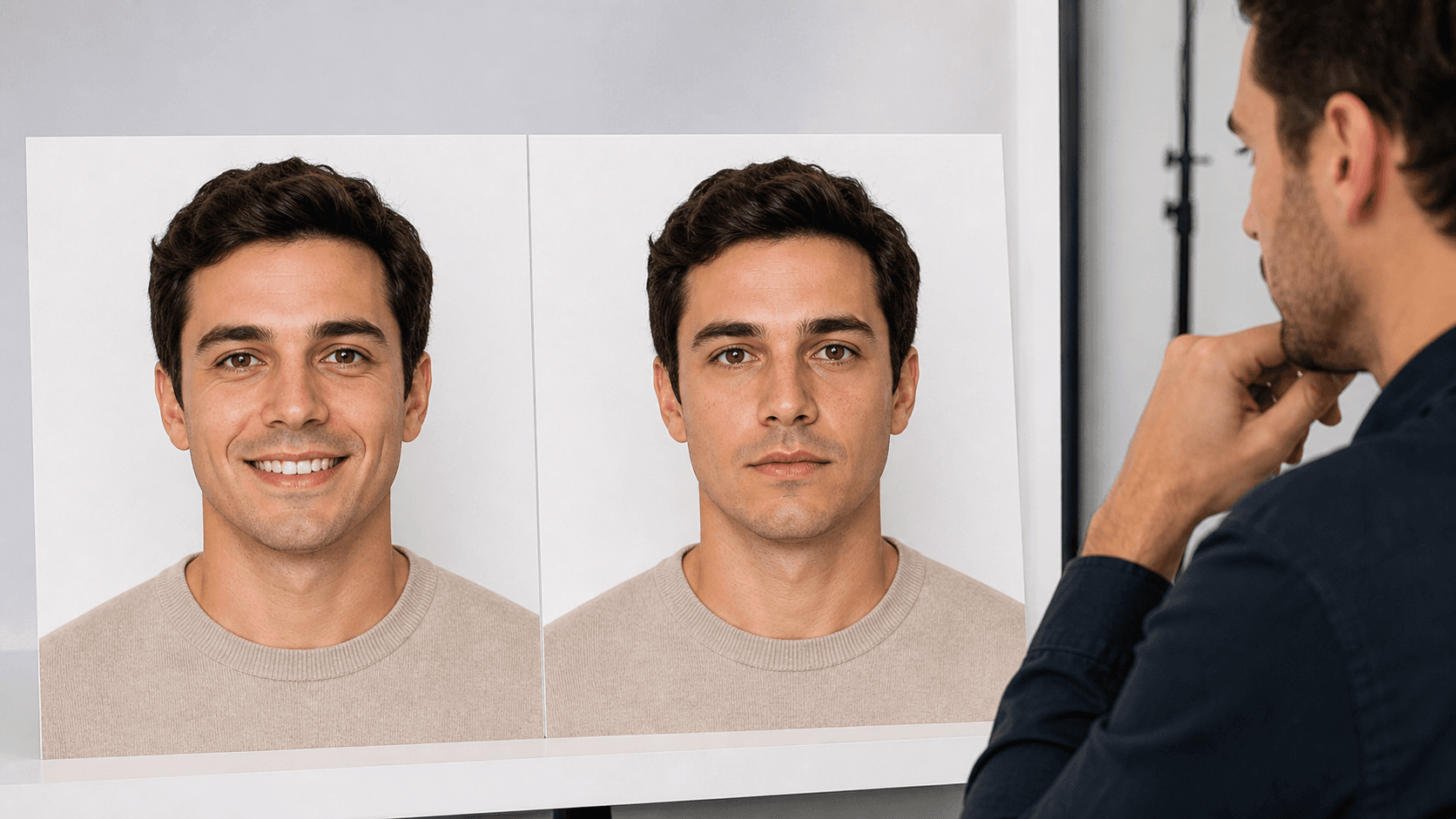 Aynı kişinin diş göstererek gülümsediği ve doğal nötr ifadeyle durduğu biyometrik portreleri karşılaştıran fotoğraf uzmanı