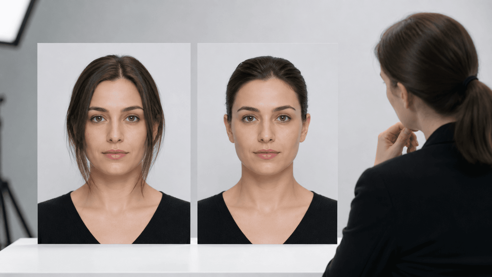 Saçın kulakları kapattığı ve geriye alınarak yüz sınırlarını açtığı iki biyometrik portreyi karşılaştıran uzman