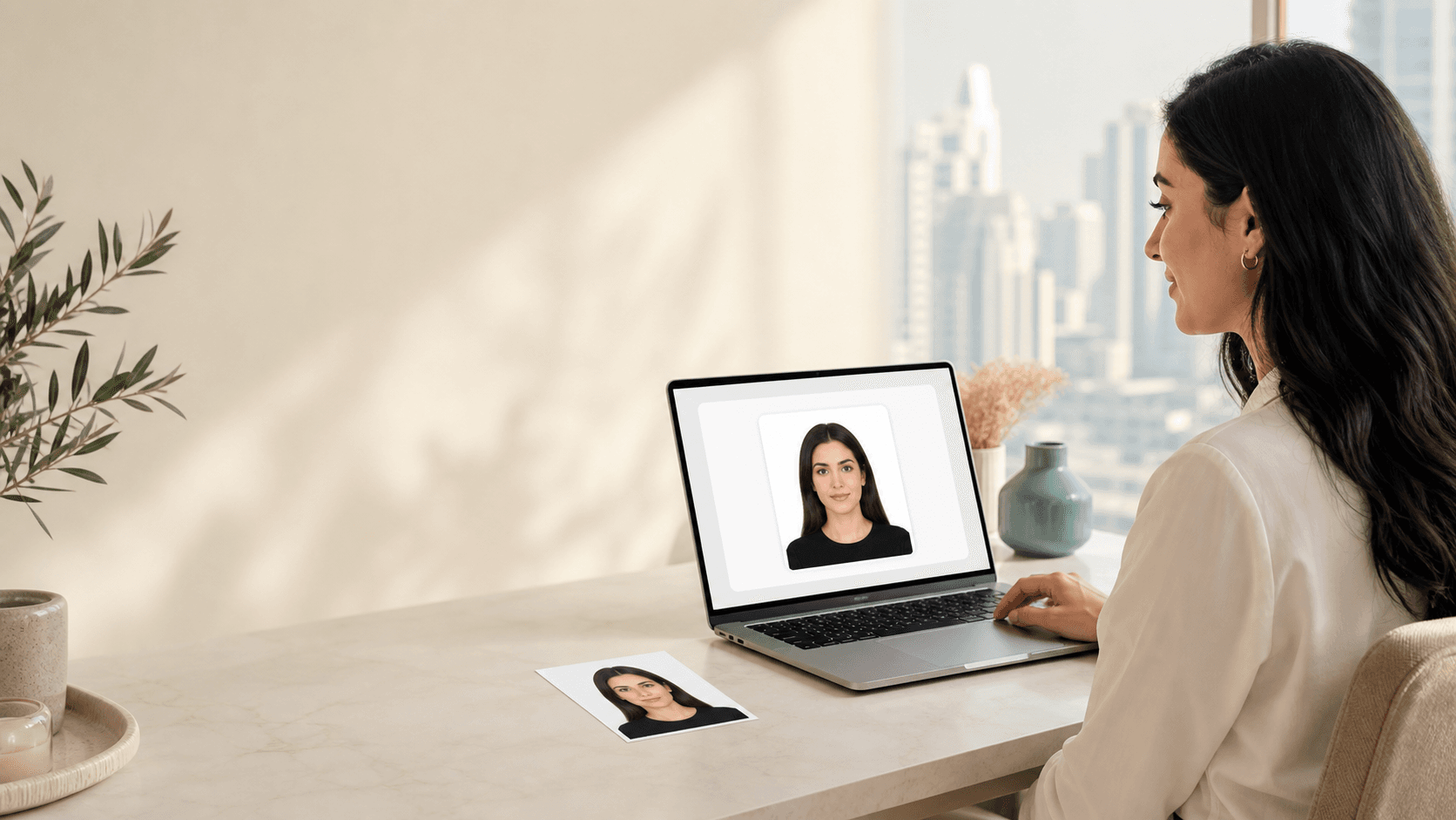 Dubai ve BAE vizesi için beyaz fonlu dijital fotoğrafını çevrim içi başvuruya hazırlayan kişi