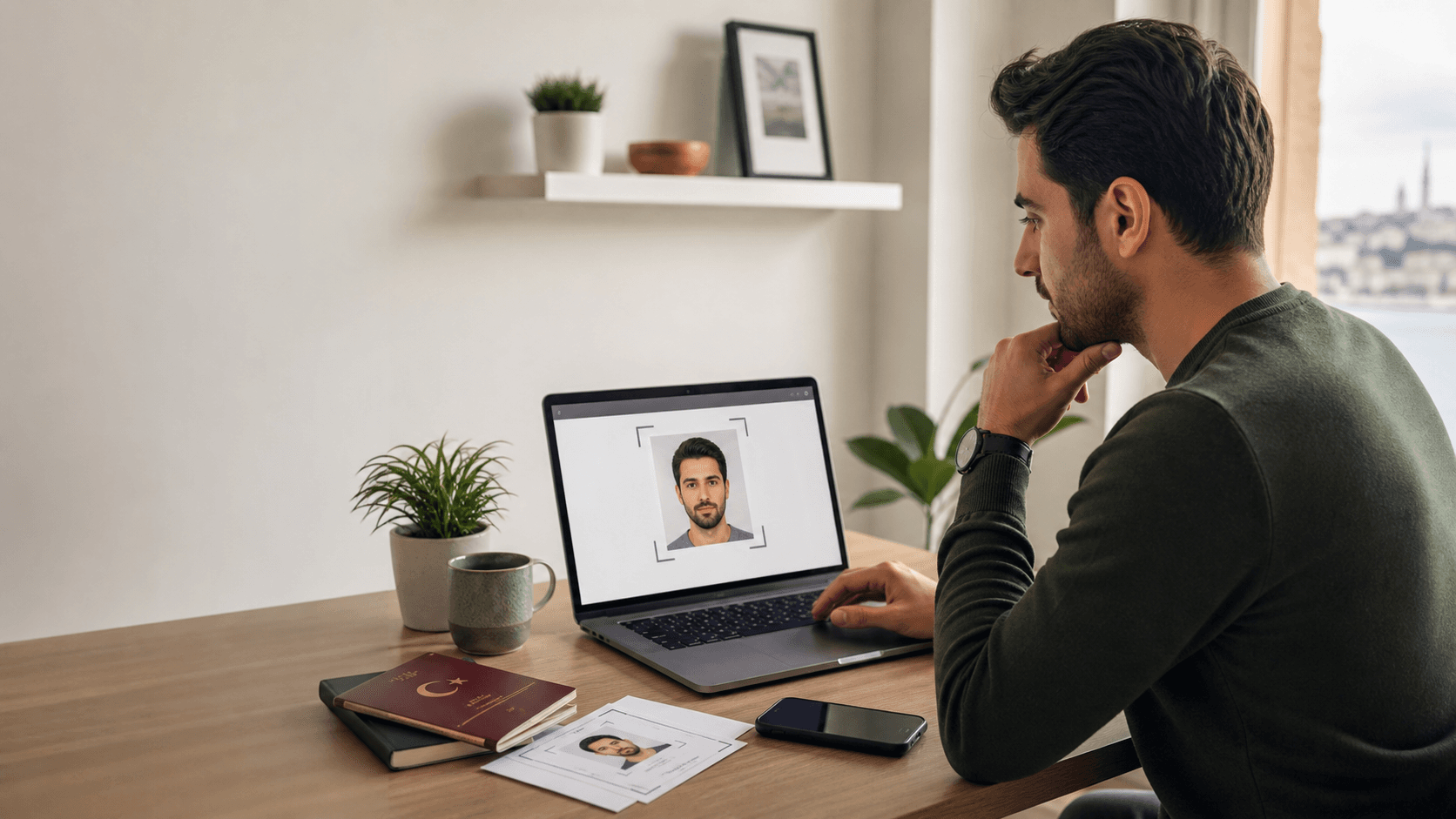 Hindistan e-Vize başvurusu için kare dijital fotoğrafını ve pasaport taramasını kontrol eden kişi