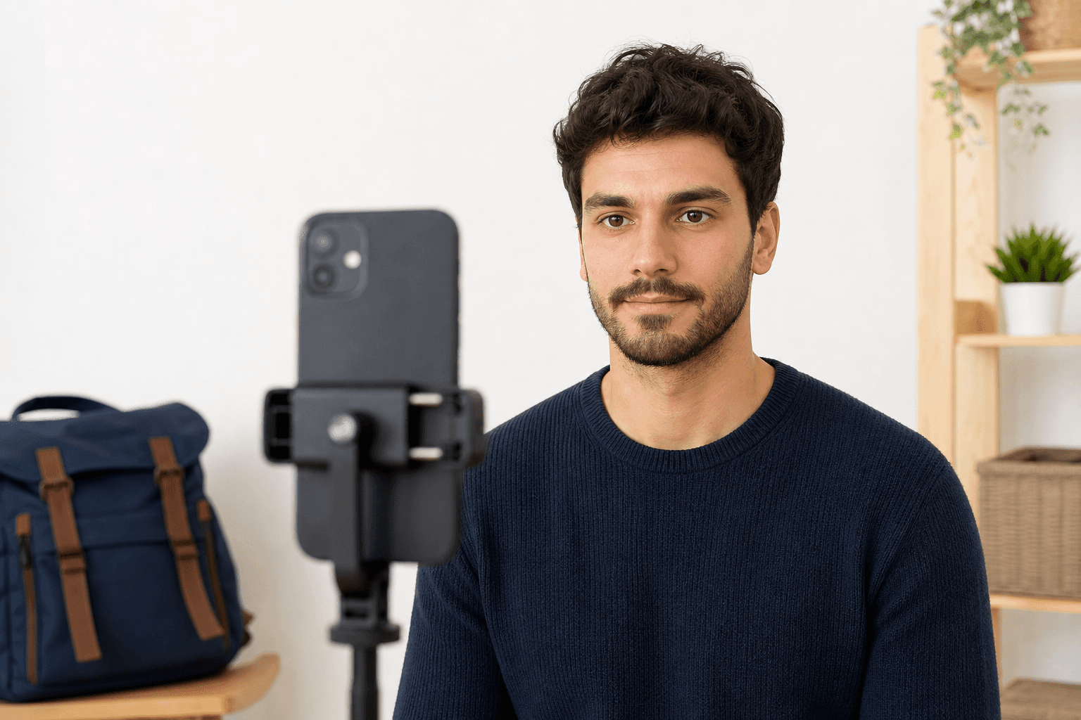 Liberya vize fotoğrafı için telefonu göz hizasında sabitleyerek beyaz fonda portre çeken yetişkin yolcu
