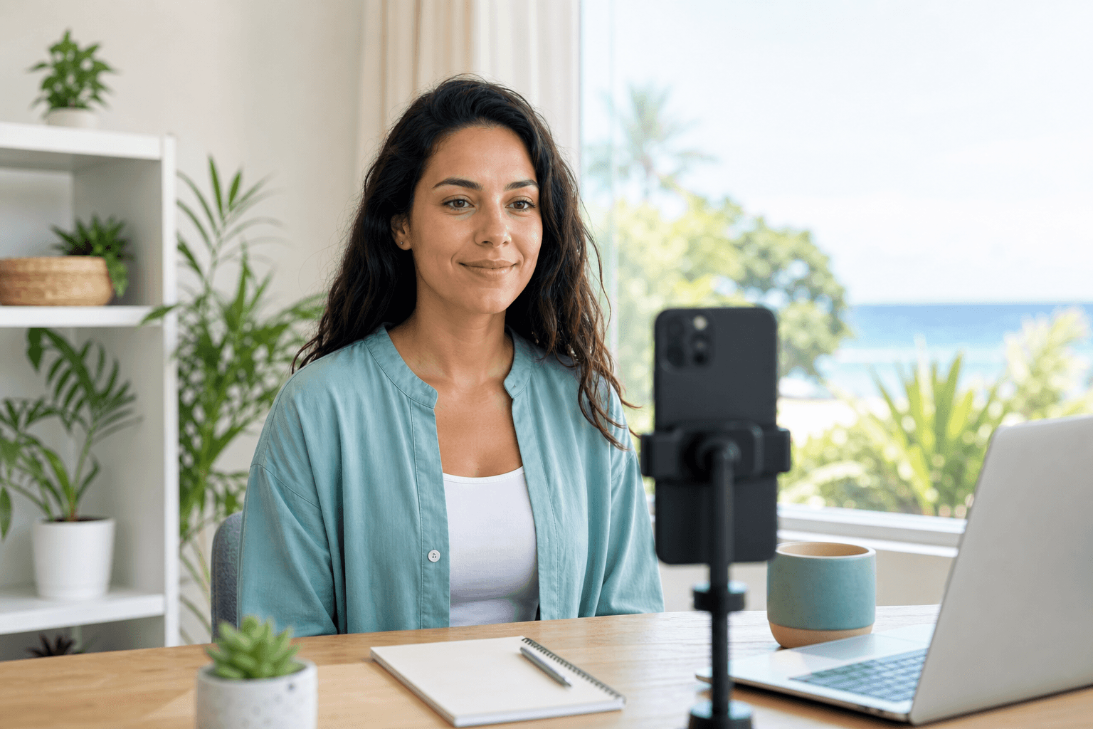 Mauritius vize fotoğrafı için telefonu göz hizasında sabitleyerek doğal portre çeken yetişkin yolcu