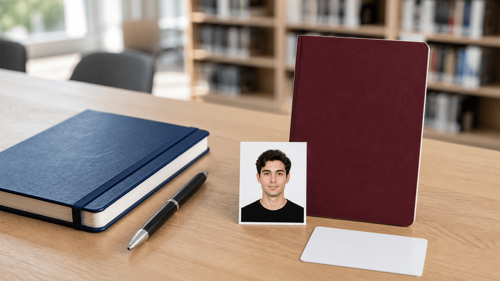 Harçsız öğrenci pasaportu için biyometrik fotoğraf, boş bordo pasaport, defter ve öğrenci kartı
