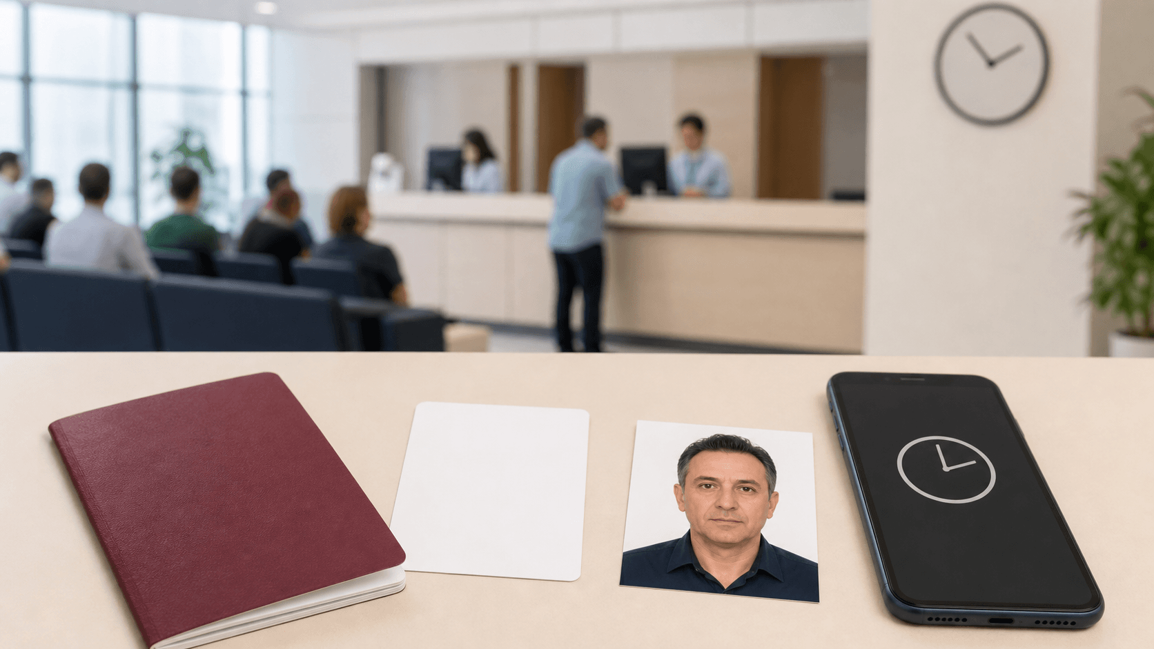Pasaport randevusuna zamanında gitmeyi anlatan nüfus müdürlüğü, saat, bordo pasaport ve doğal yüzlü biyometrik fotoğraf