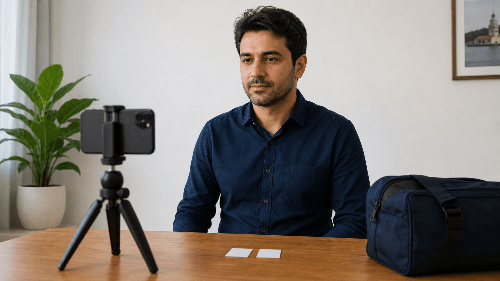 Senegal vize başvurusu için telefon ve tripodla portre çeken, masasında iki fotoğraf baskısı bulunan yetişkin yolcu