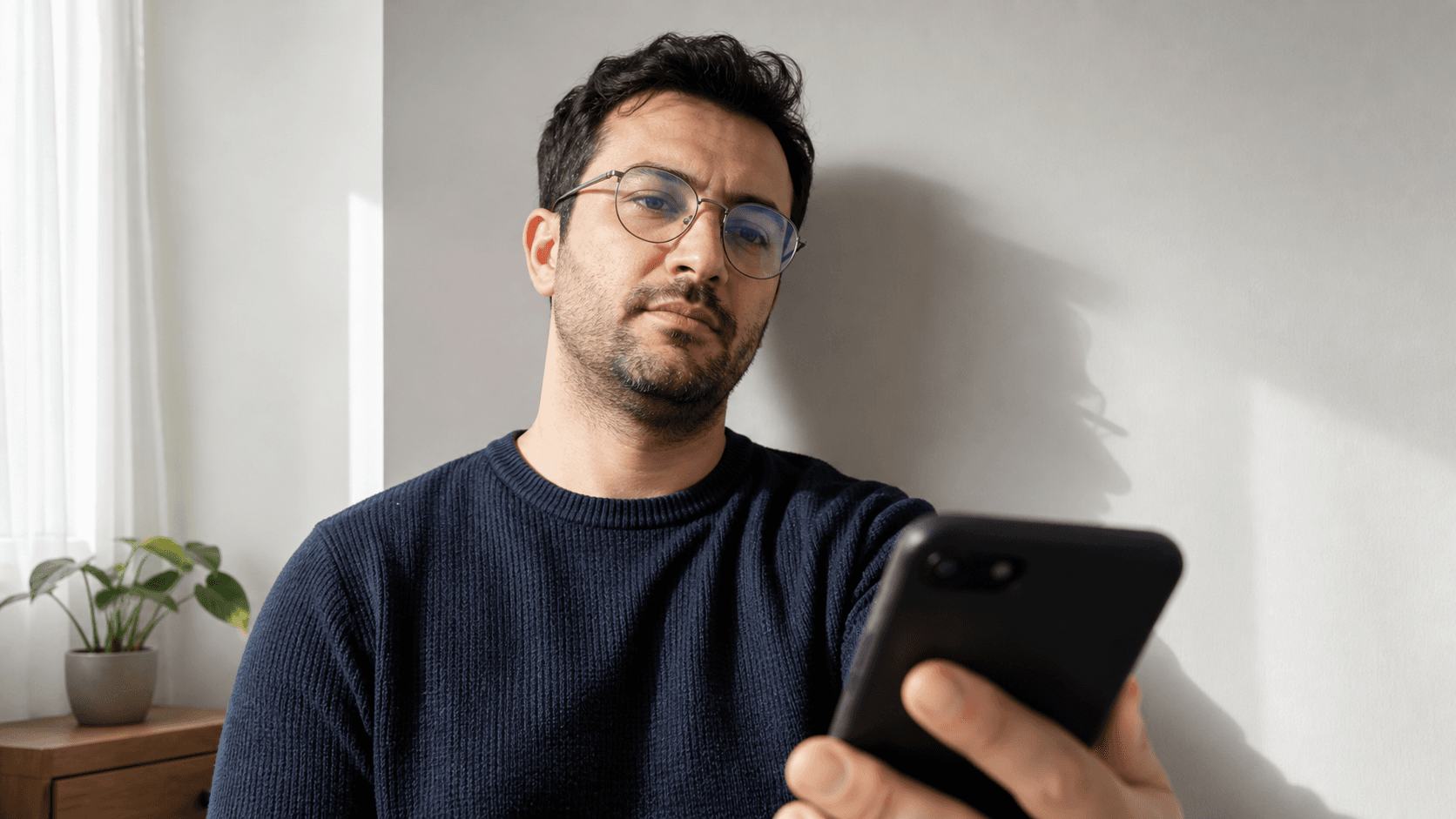Telefon çok yakın ve aşağıdayken tek taraflı ışık, fon gölgesi ve gözlük yansımasıyla yapılan hatalı biyometrik çekim