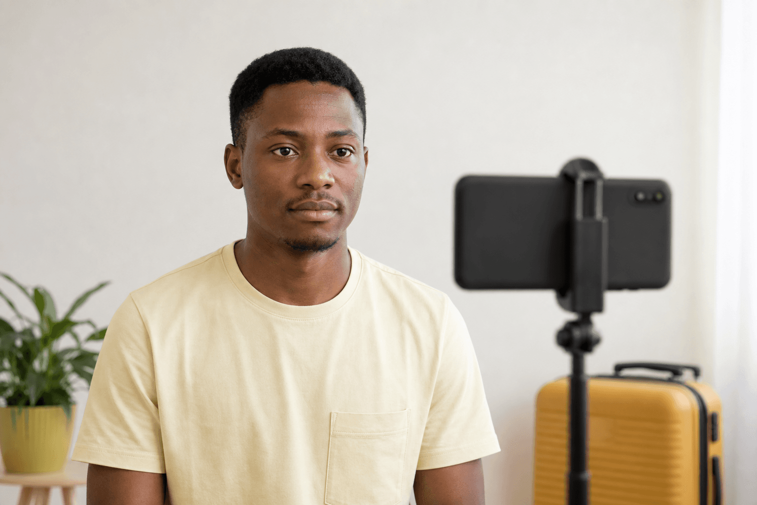 Togo online vize fotoğrafı için telefonu göz hizasında sabitleyerek rötuşsuz portre çeken yetişkin yolcu