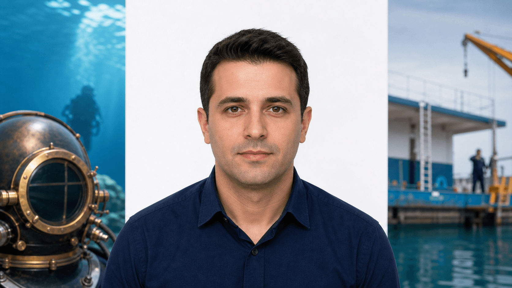 Aday dalgıç belgesi için beyaz fonda doğrudan kameraya bakan yetişkin aday ve flu profesyonel dalış ortamı