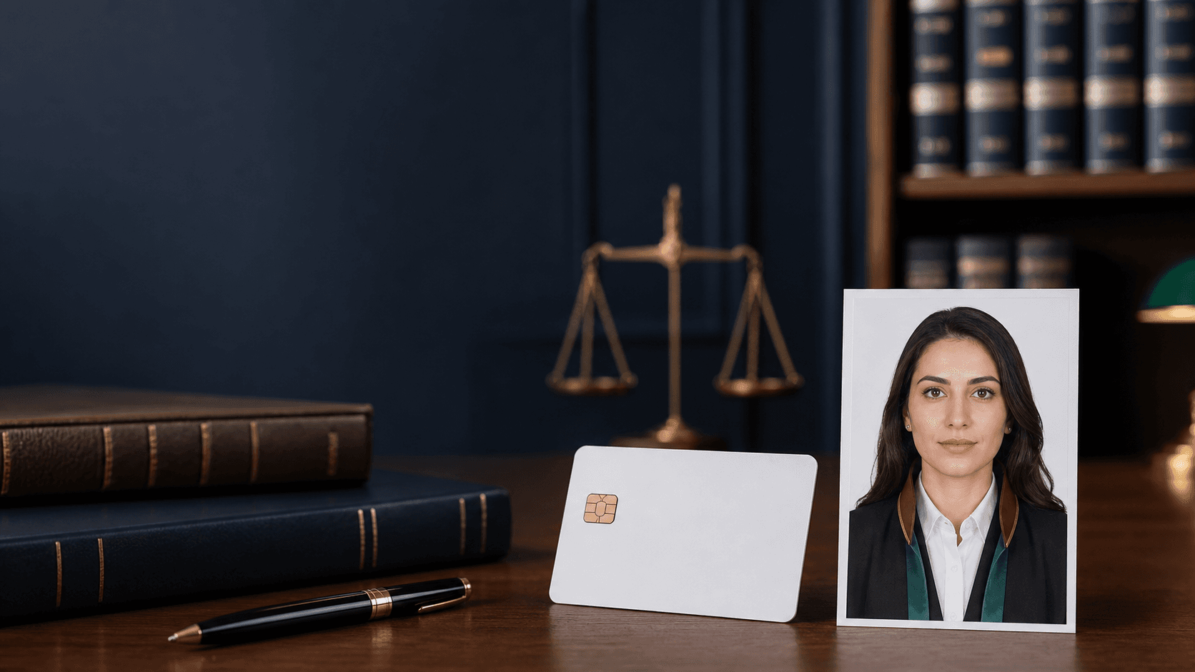 Avukat kimlik kartı için cübbeli biyometrik portre ve hukuk bürosu masası