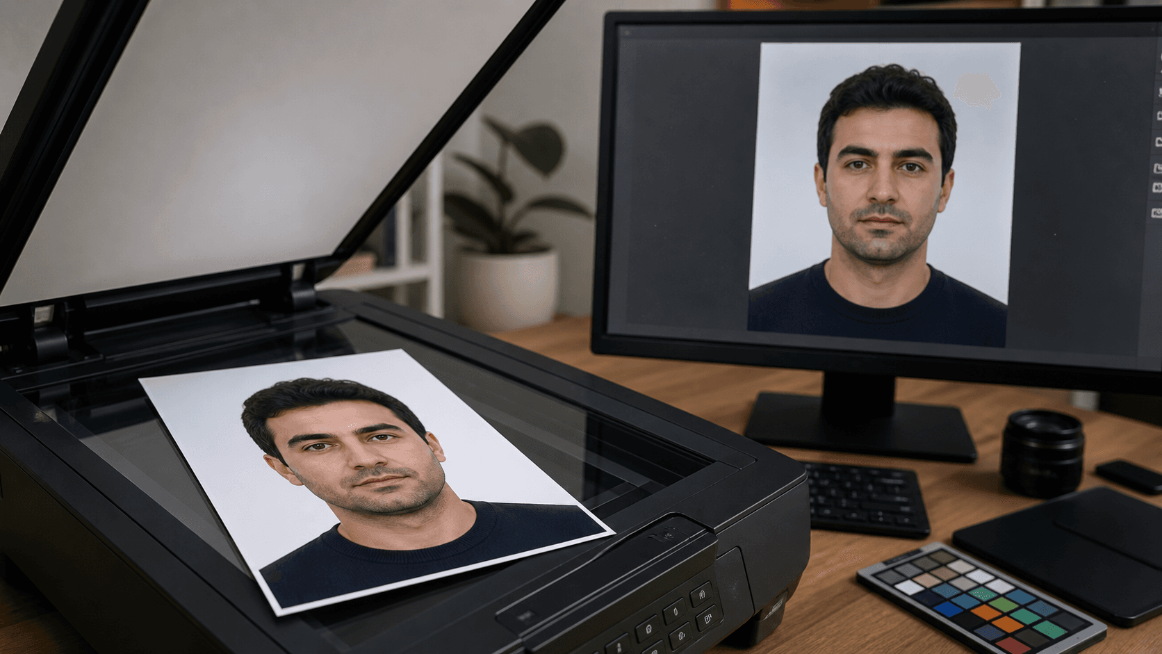 Basılı biyometrik portreyi tarayan düz yataklı tarayıcı ve aynı yüzün dijital önizlemesini gösteren bilgisayar ekranı
