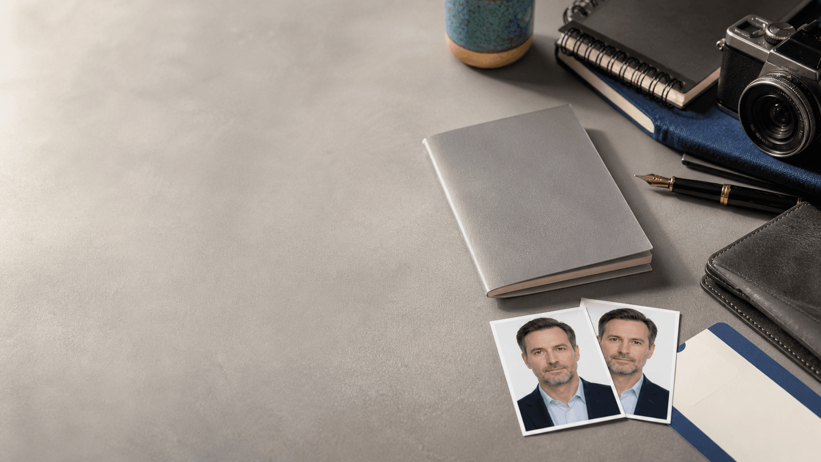Basın mensubunun hizmet damgalı pasaport başvurusu için iki biyometrik fotoğraf, gri boş pasaport ve fotoğraf makinesi