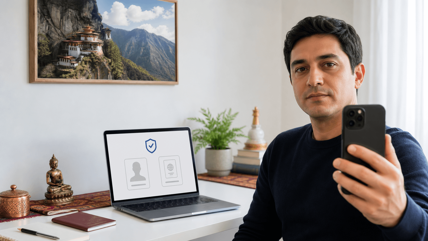 Bhutan e-Vize başvurusu için güncel dijital pasaport fotoğrafını telefon ve bilgisayarla hazırlayan Türk yolcu