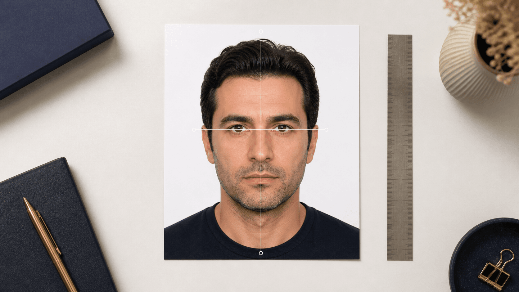 Biyometrik portre üzerinde saç tepesinden çeneye baş yüksekliğini ve iki göz hizasını gösteren ölçüm çizgileri