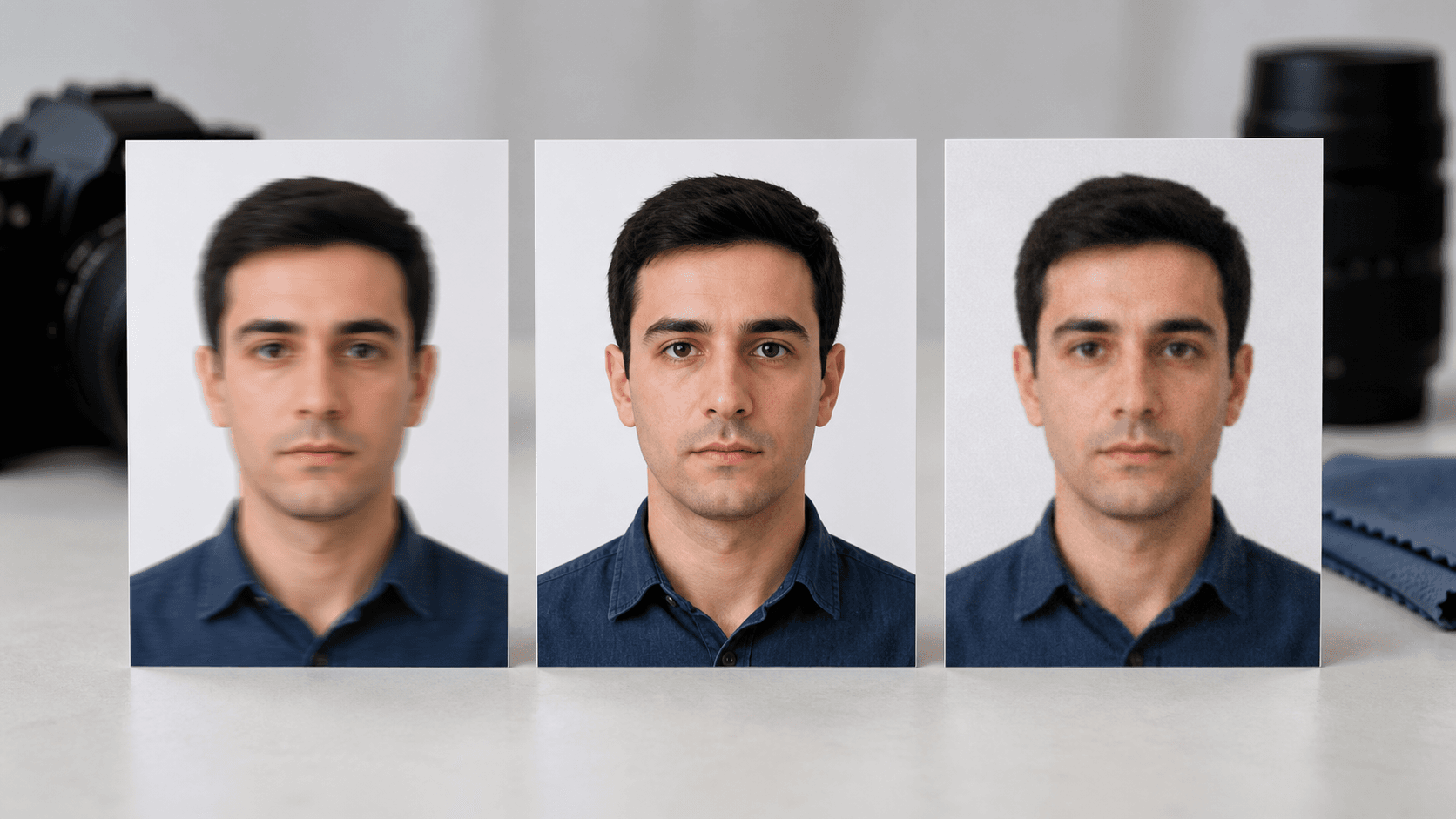 Hareket bulanıklığı olan, keskin ve düşük ışıkta grenli üç biyometrik fotoğraf baskısının karşılaştırması