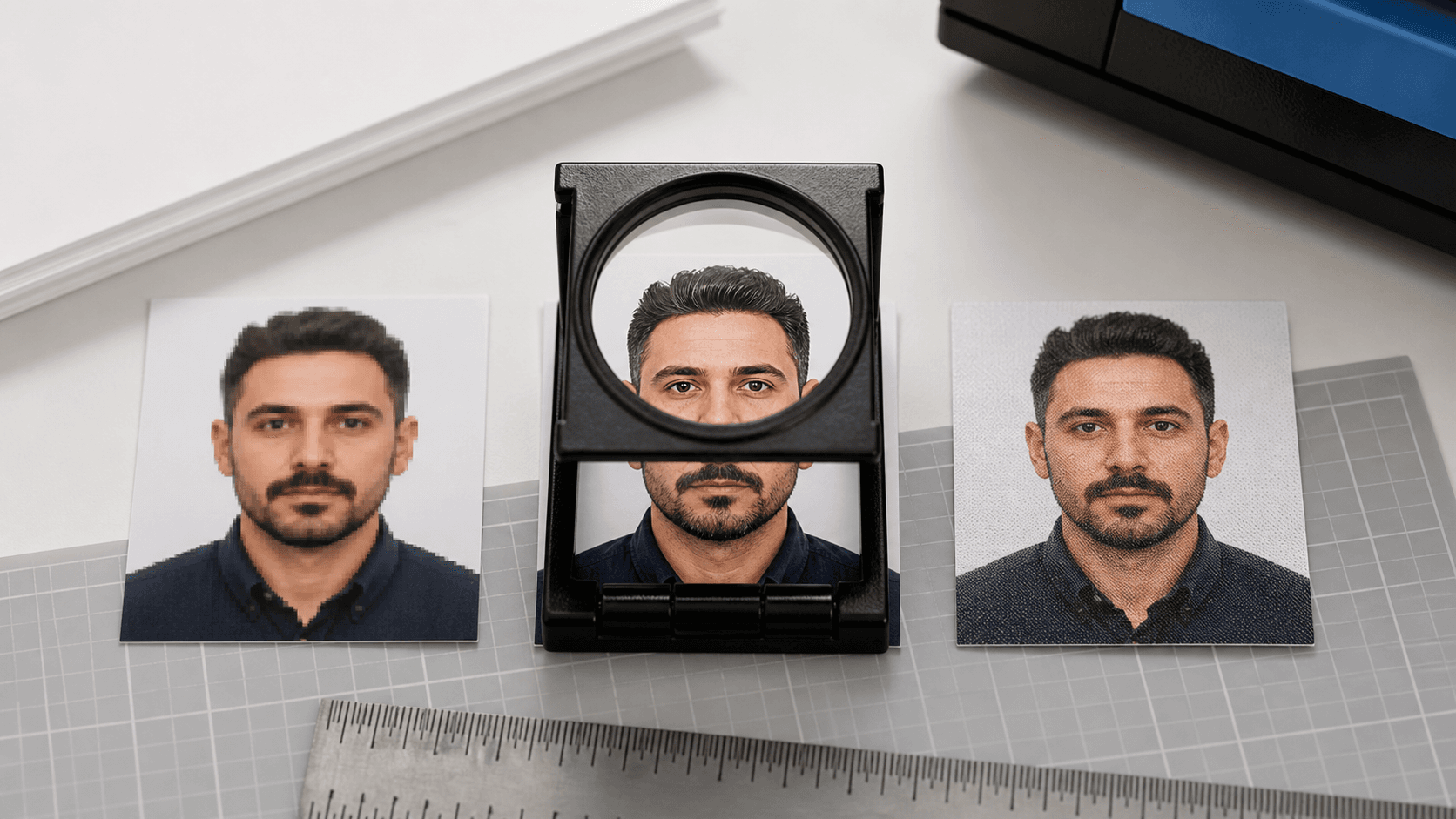 Keskin, pikselli ve yazıcı noktaları görünen üç biyometrik fotoğraf baskısının büyüteç altında çözünürlük karşılaştırması