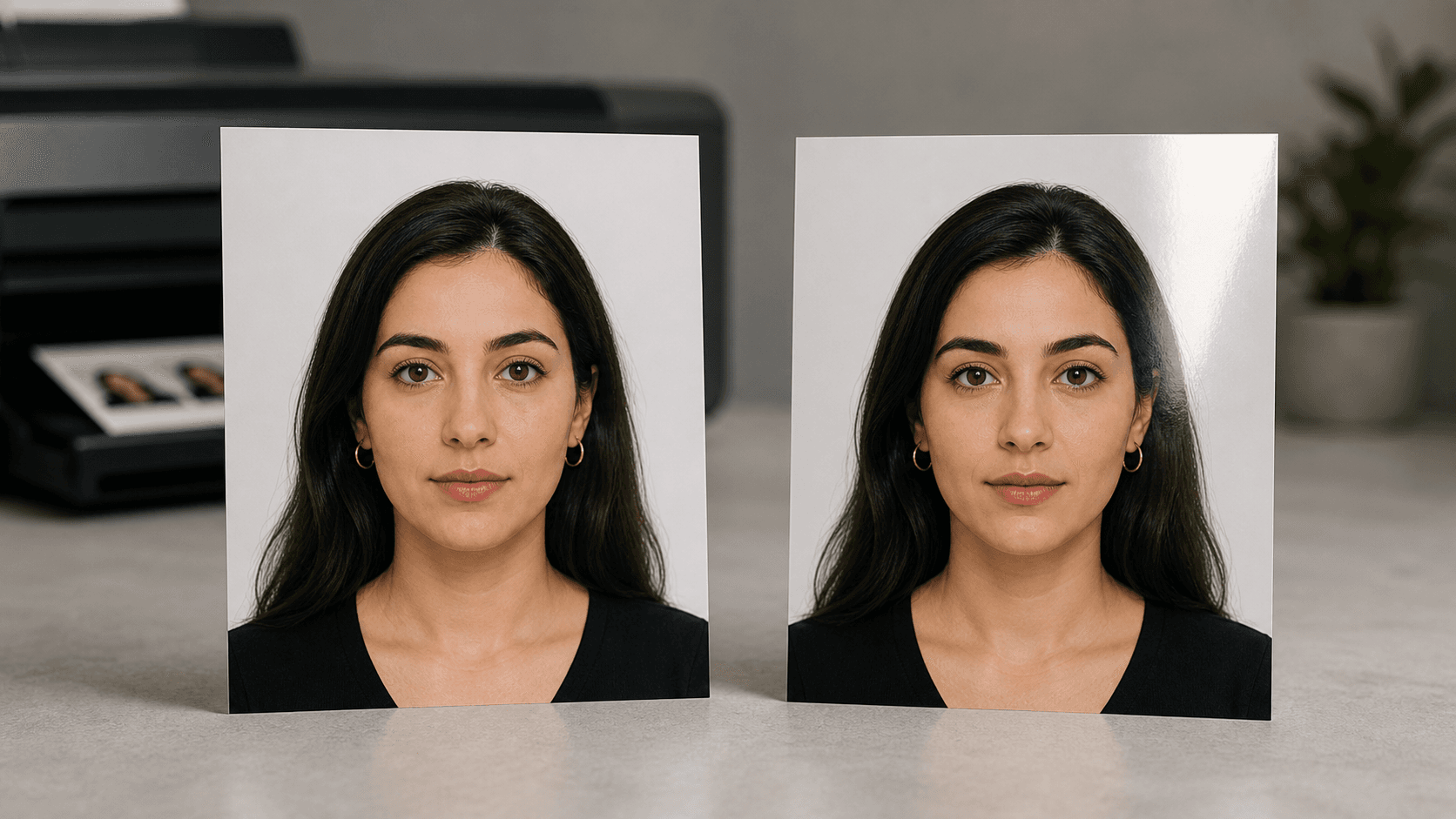 Aynı doğal portreyi gösteren mat ve hafif parlak profesyonel biyometrik fotoğraf baskılarının yan yana karşılaştırması