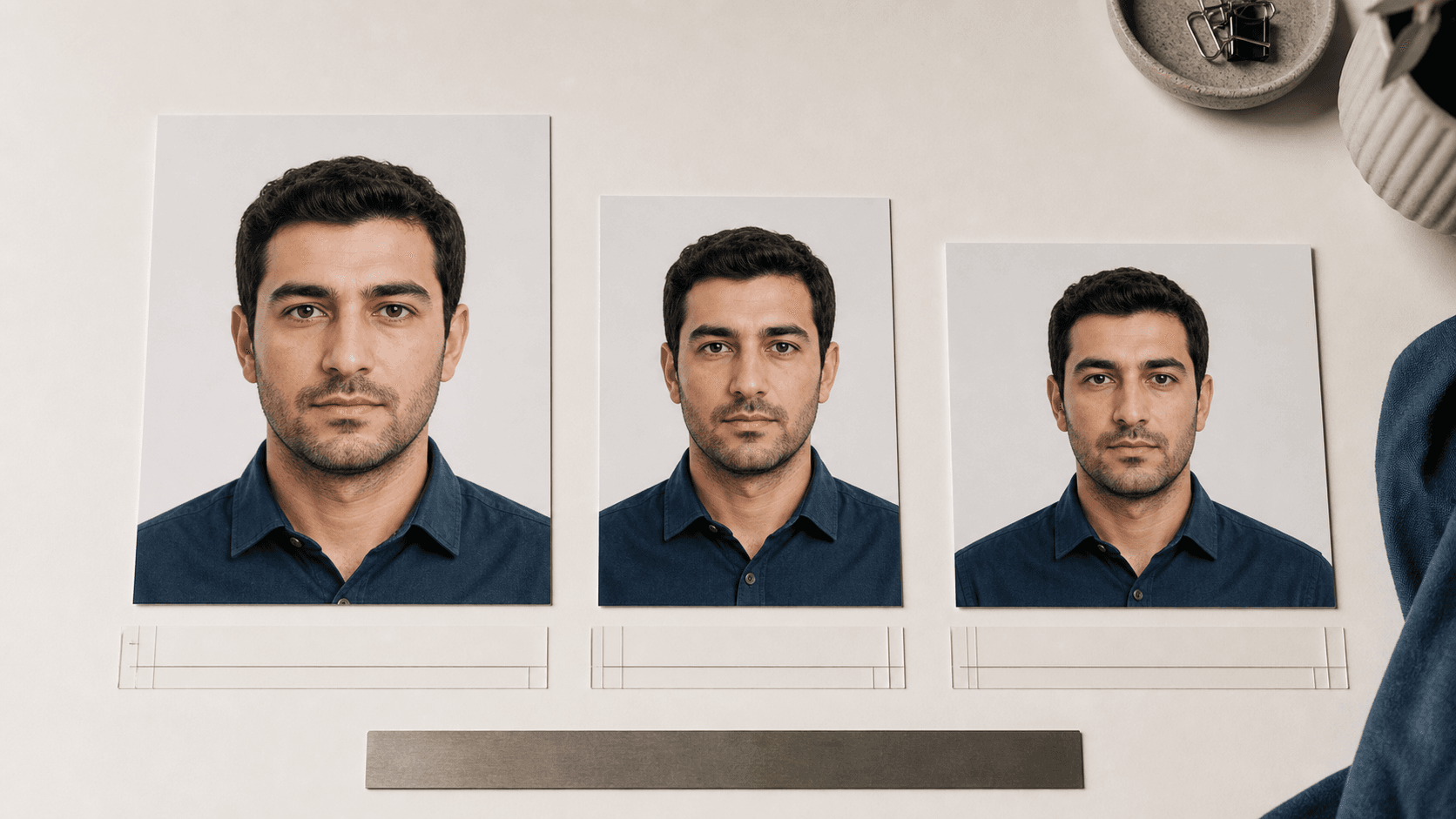 Aynı kişinin Türkiye, Schengen ve ABD için farklı oranlarda hazırlanmış üç biyometrik fotoğraf baskısı