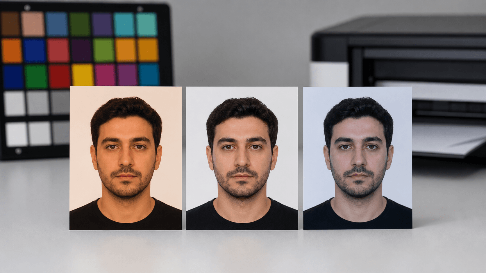 Sıcak renk kaymalı, doğal ten renkli ve soğuk renk kaymalı üç biyometrik fotoğraf baskısının karşılaştırması