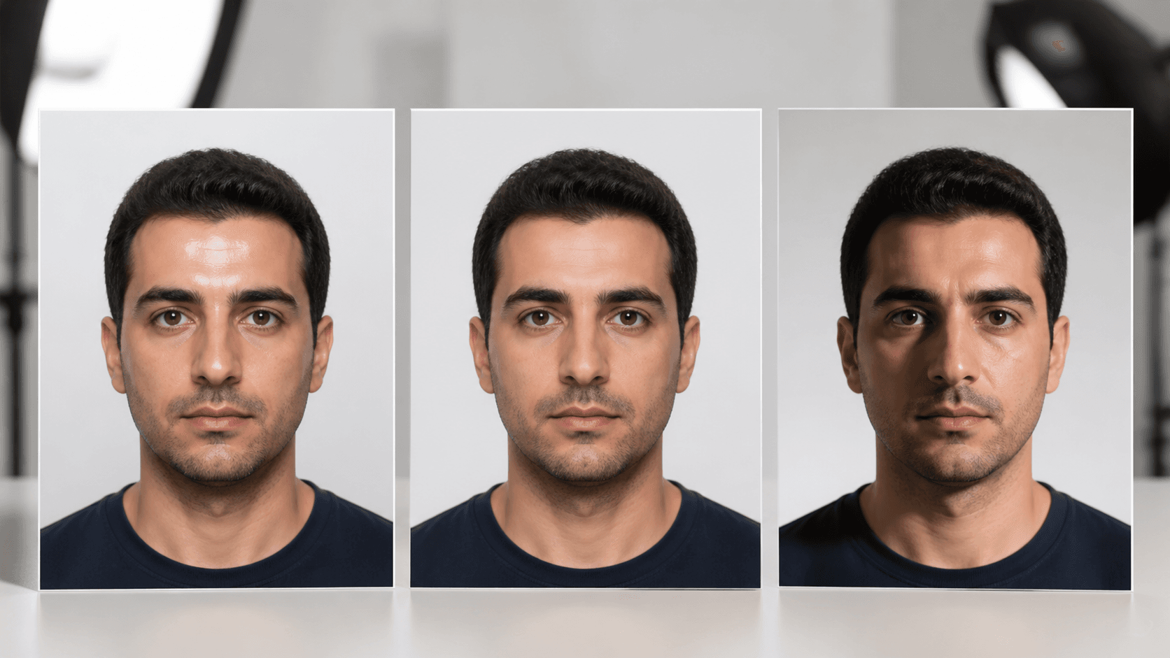 Yüzü parlama yapan, dengeli aydınlatılmış ve sert gölgeli üç biyometrik fotoğraf baskısının karşılaştırması