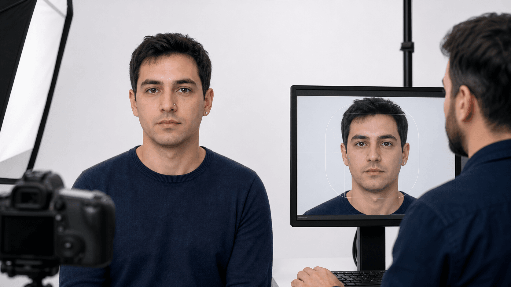 Beyaz fonda küçük küpe ve sade burun piercingiyle çekilen biyometrik fotoğrafın uzman tarafından kontrol edilmesi