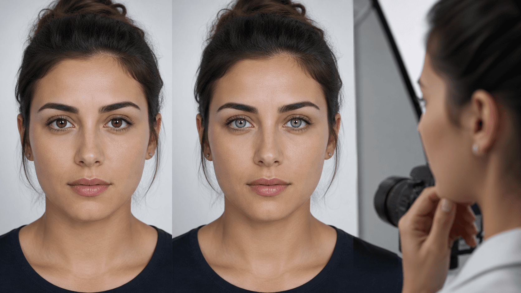 Doğal iris renginin korunduğu ve renkli lensle değiştirildiği iki biyometrik portreyi karşılaştıran fotoğraf uzmanı