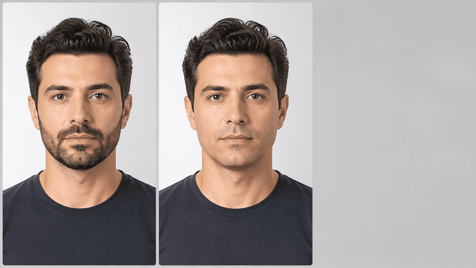 Aynı kişinin bakımlı sakallı ve tıraşlı biyometrik portrelerini güncel görünüm açısından karşılaştıran fotoğraf uzmanı