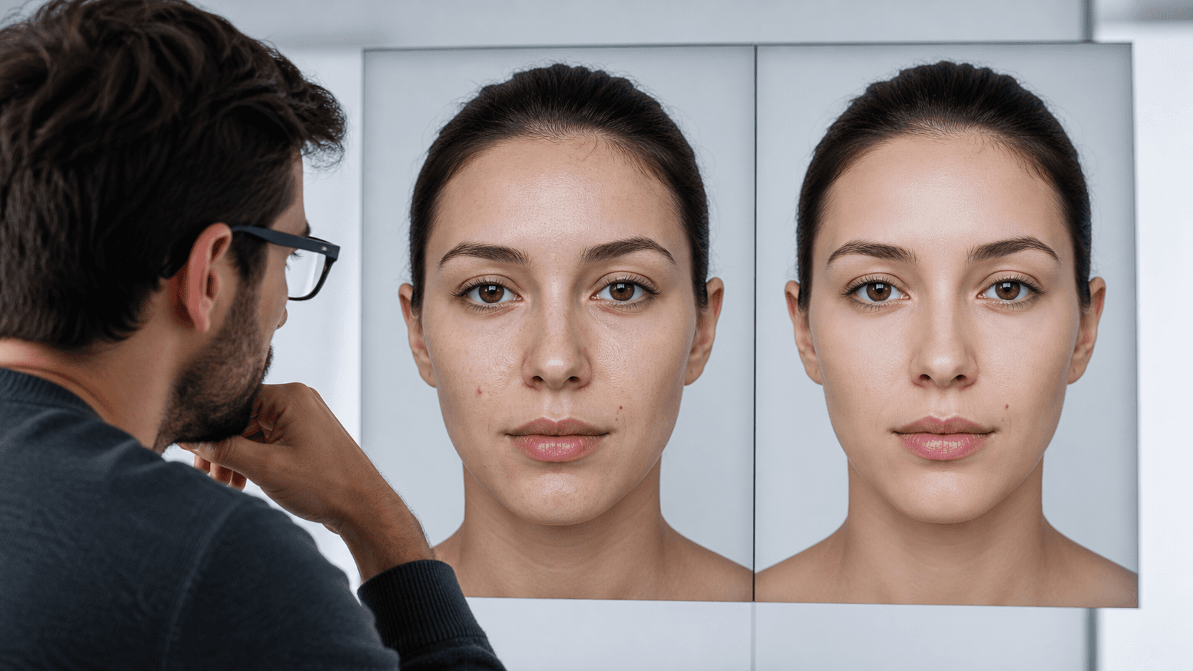 Doğal cilt dokusunun korunduğu ve aşırı pürüzsüzleştirilmiş iki biyometrik portreyi karşılaştıran fotoğraf uzmanı