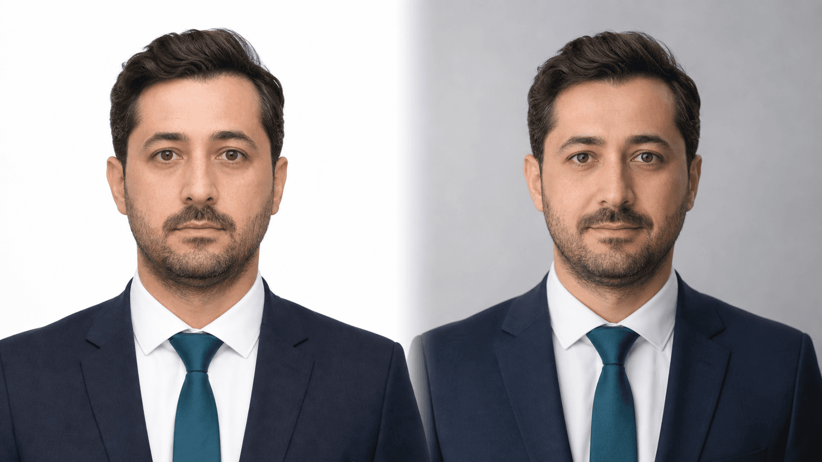 Aynı kişinin beyaz fonda nötr biyometrik portresi ile daha serbest kadrajlı profesyonel vesikalık portresinin karşılaştırması