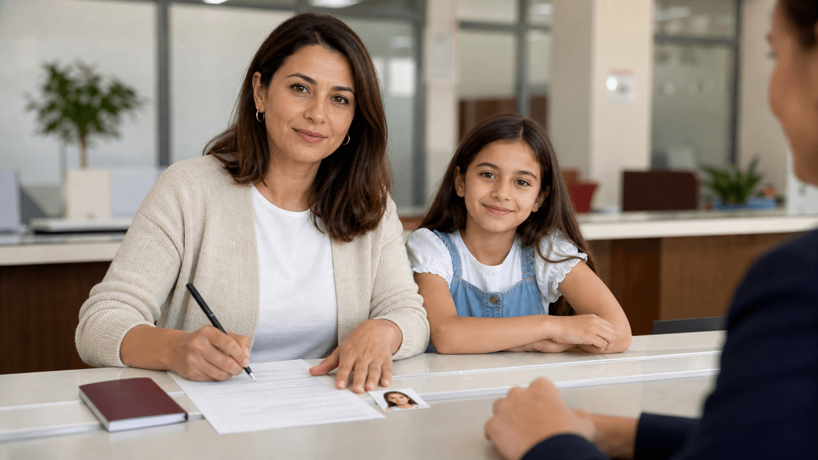 Nüfus müdürlüğünde çocuğunun pasaport başvurusu için muvafakat formu imzalayan anne