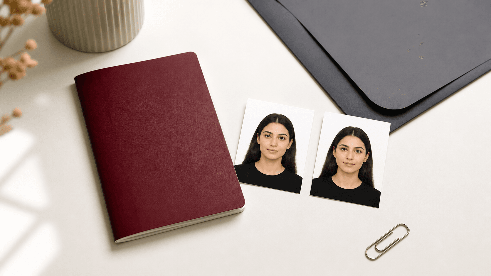 Diplomatik e-pasaport başvurusu için iki adet biyometrik fotoğraf, boş bordo pasaport ve evrak dosyası