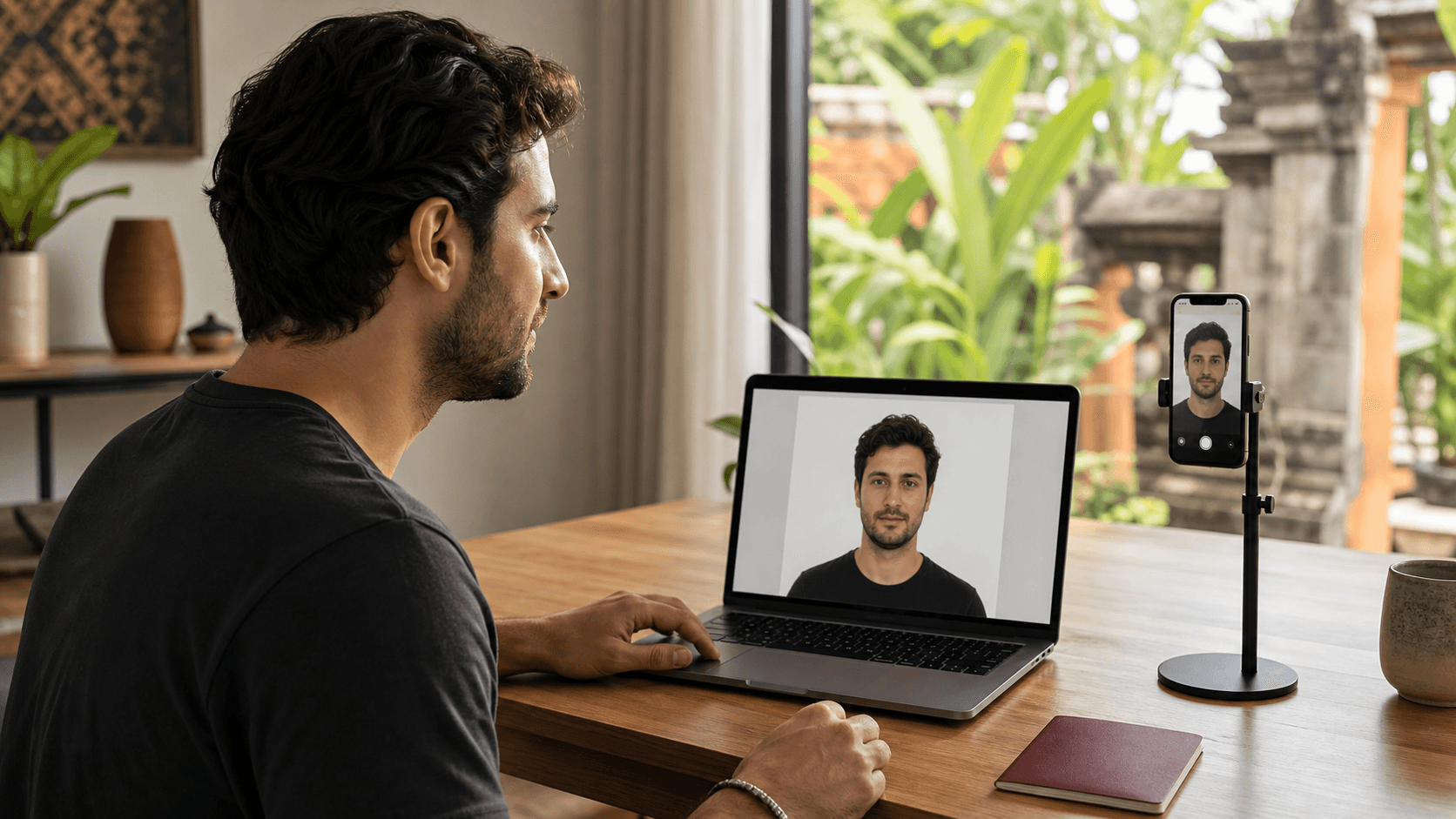 Endonezya elektronik varış vizesi için telefonla çektiği pasaport tipi fotoğrafı bilgisayarda kontrol eden yolcu