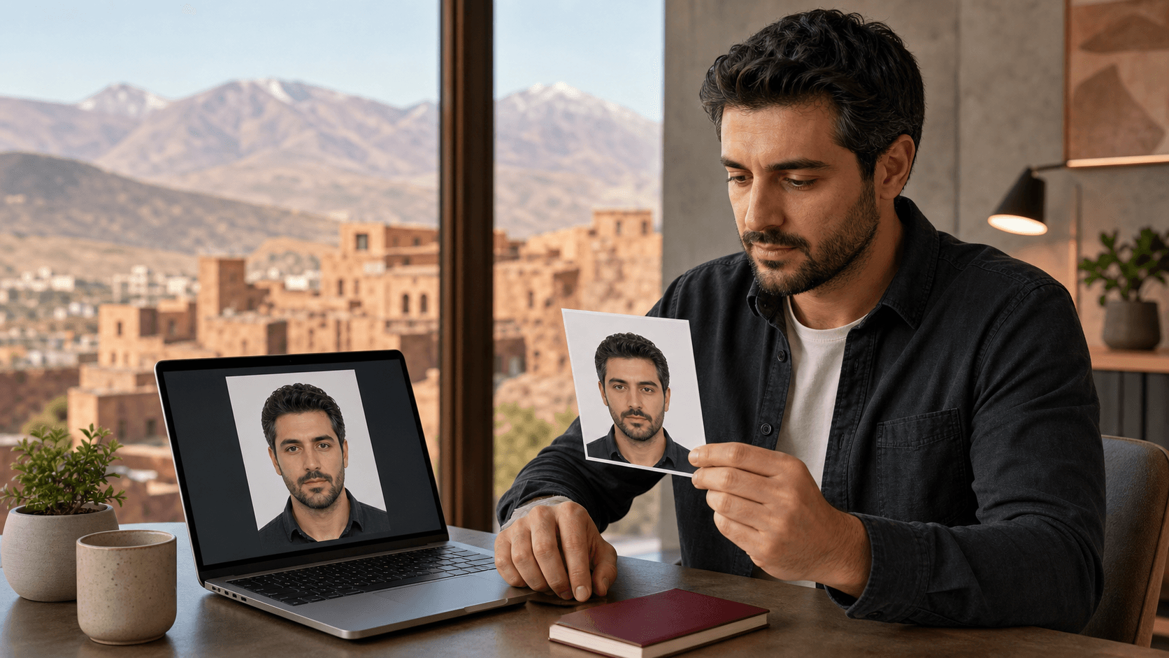 Ermenistan vizesi için basılı portre ile dijital fotoğraf önizlemesini karşılaştıran Türk yolcu