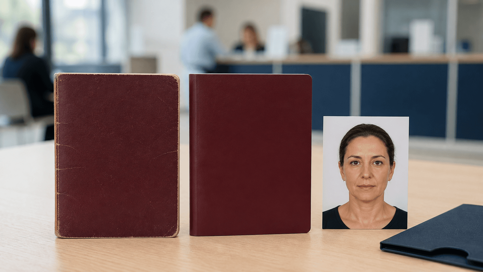 Yeni pasaport başvurusunda eski pasaportu götürme işlemini anlatan eski ve yeni bordo pasaport ile doğal yüzlü biyometrik fotoğraf