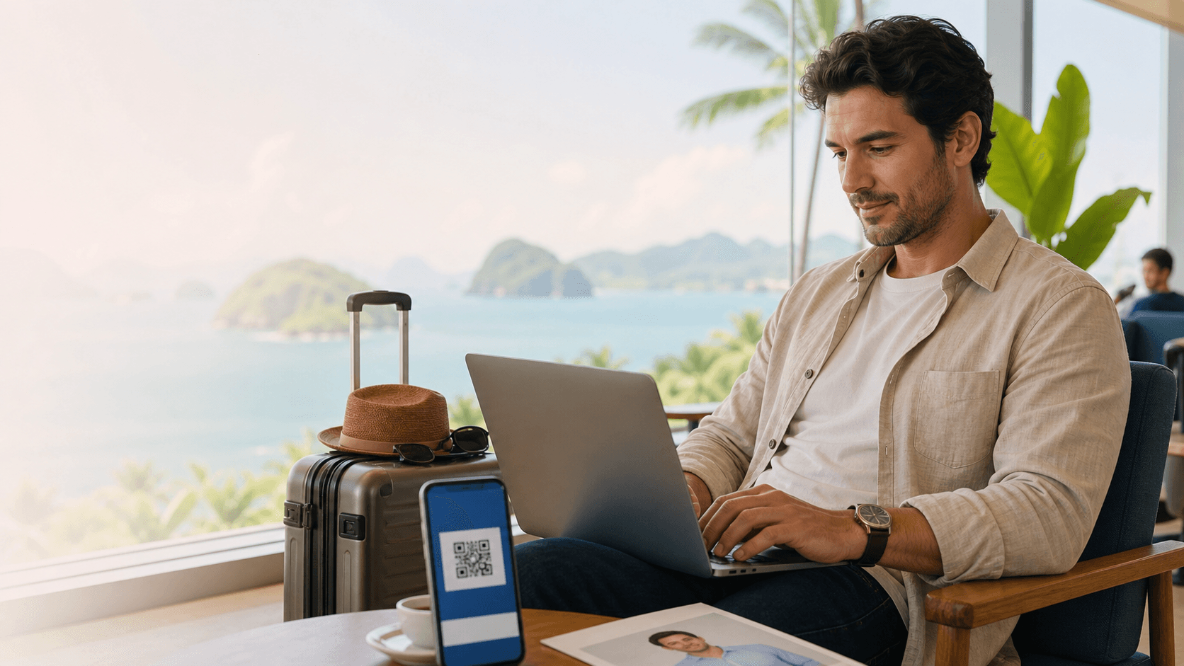 Filipinler eTravel formunu doldururken fotoğraf gerekmediğini ve QR kod kaydını kontrol eden Türk yolcu