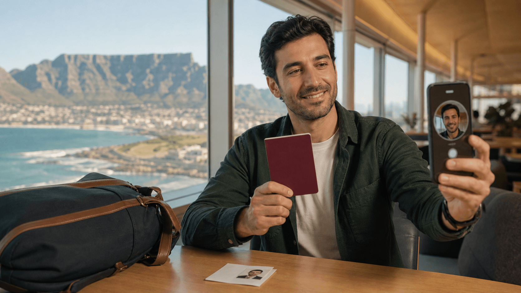 Güney Afrika yolculuğunda pasaportunu tutarken telefondan canlı yüz görüntüsü alan Türk gezgin