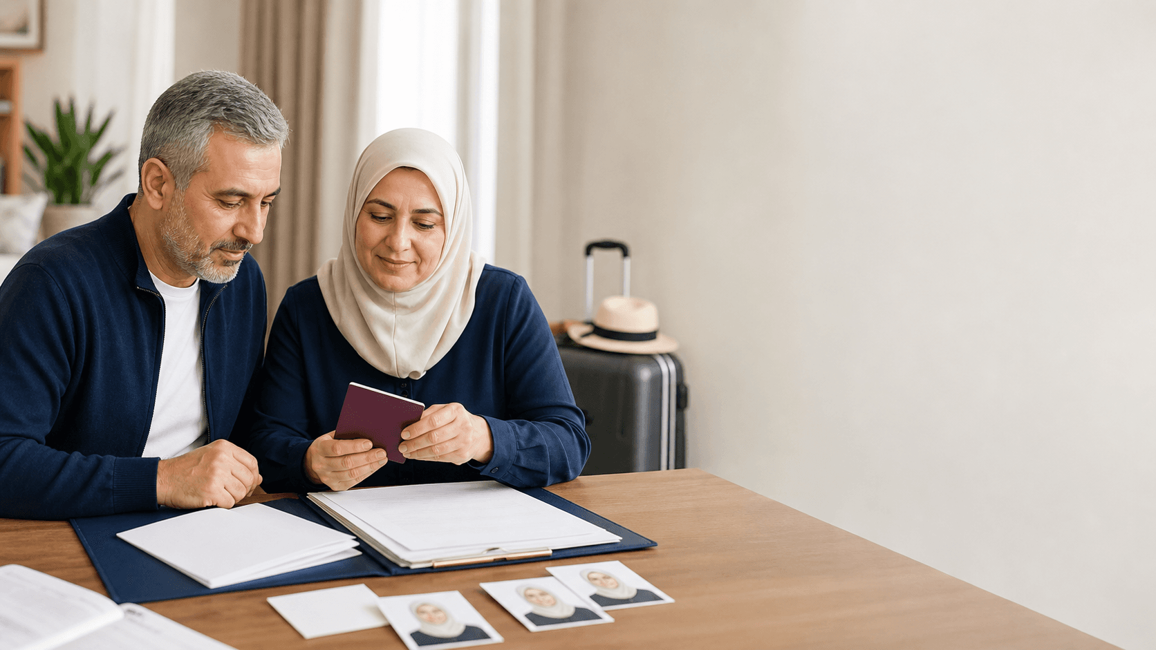 Hac kesin kayıt dosyası için pasaportunu ve beyaz fonlu vesikalık fotoğraflarını hazırlayan çift