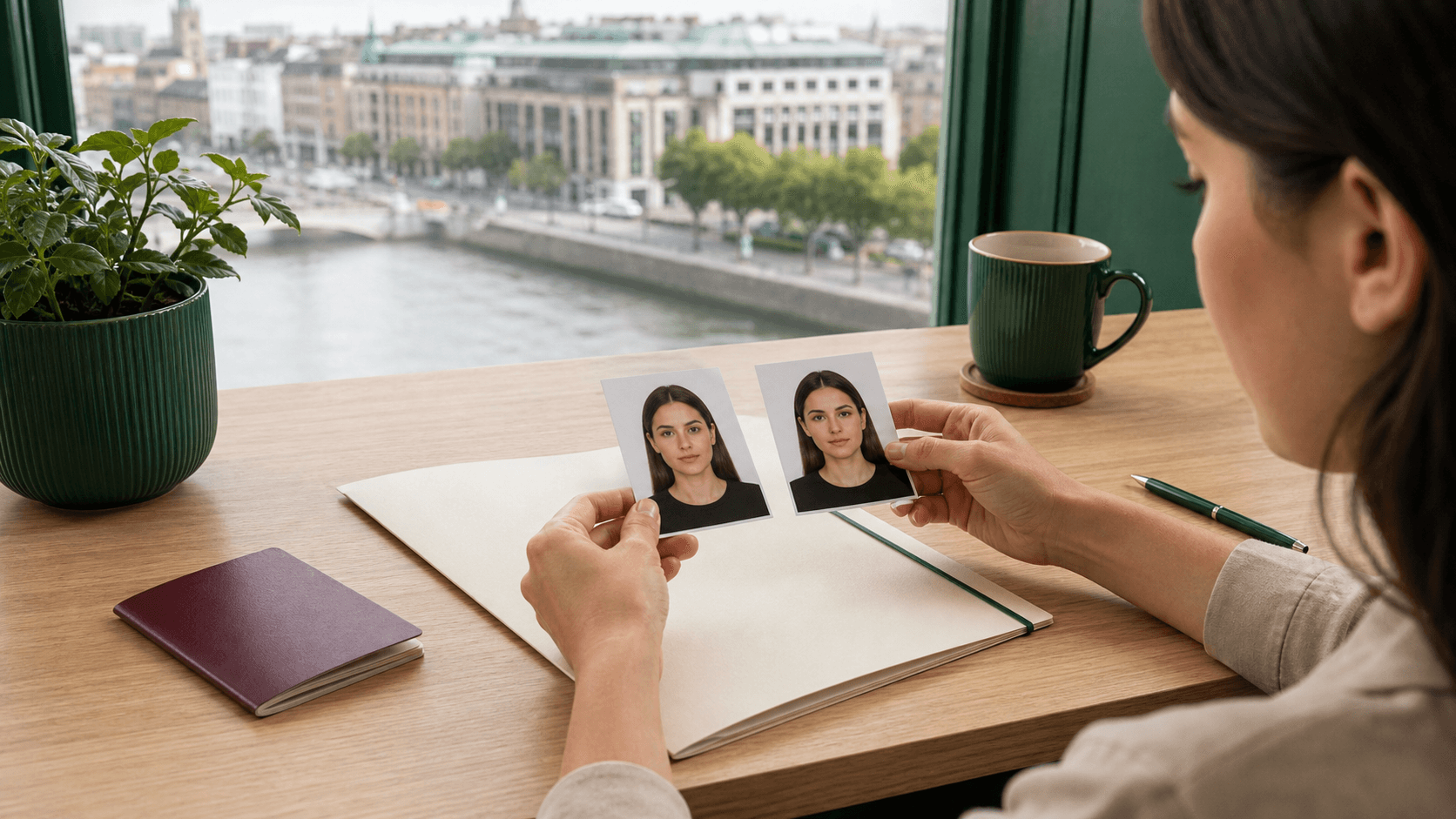 İrlanda vize başvurusu için iki özdeş biyometrik fotoğraf baskısını kontrol eden başvuru sahibi