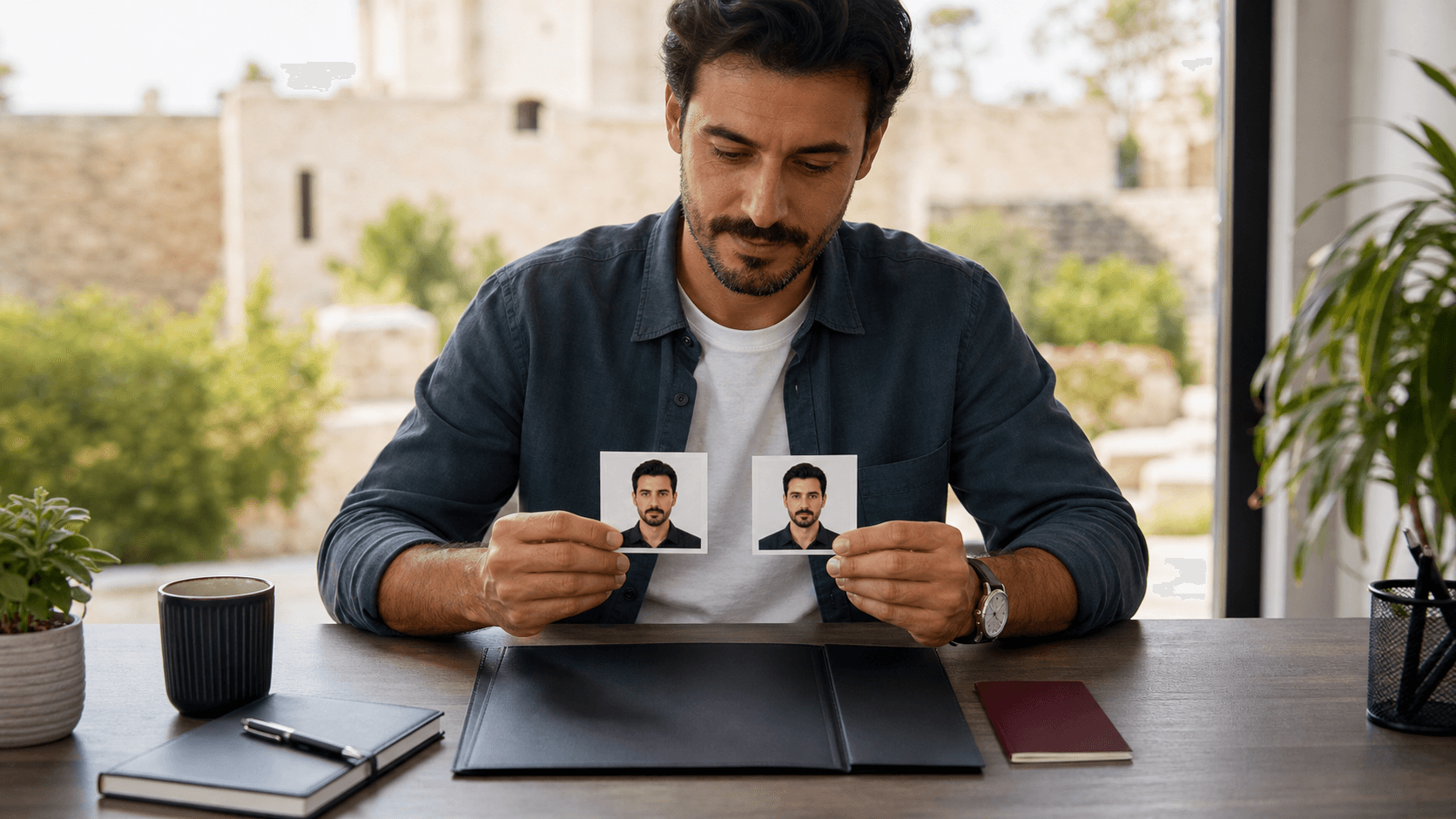 İsrail B/2 turist vizesi için iki özdeş 5×5 cm beyaz fonlu portre baskısını kontrol eden yolcu