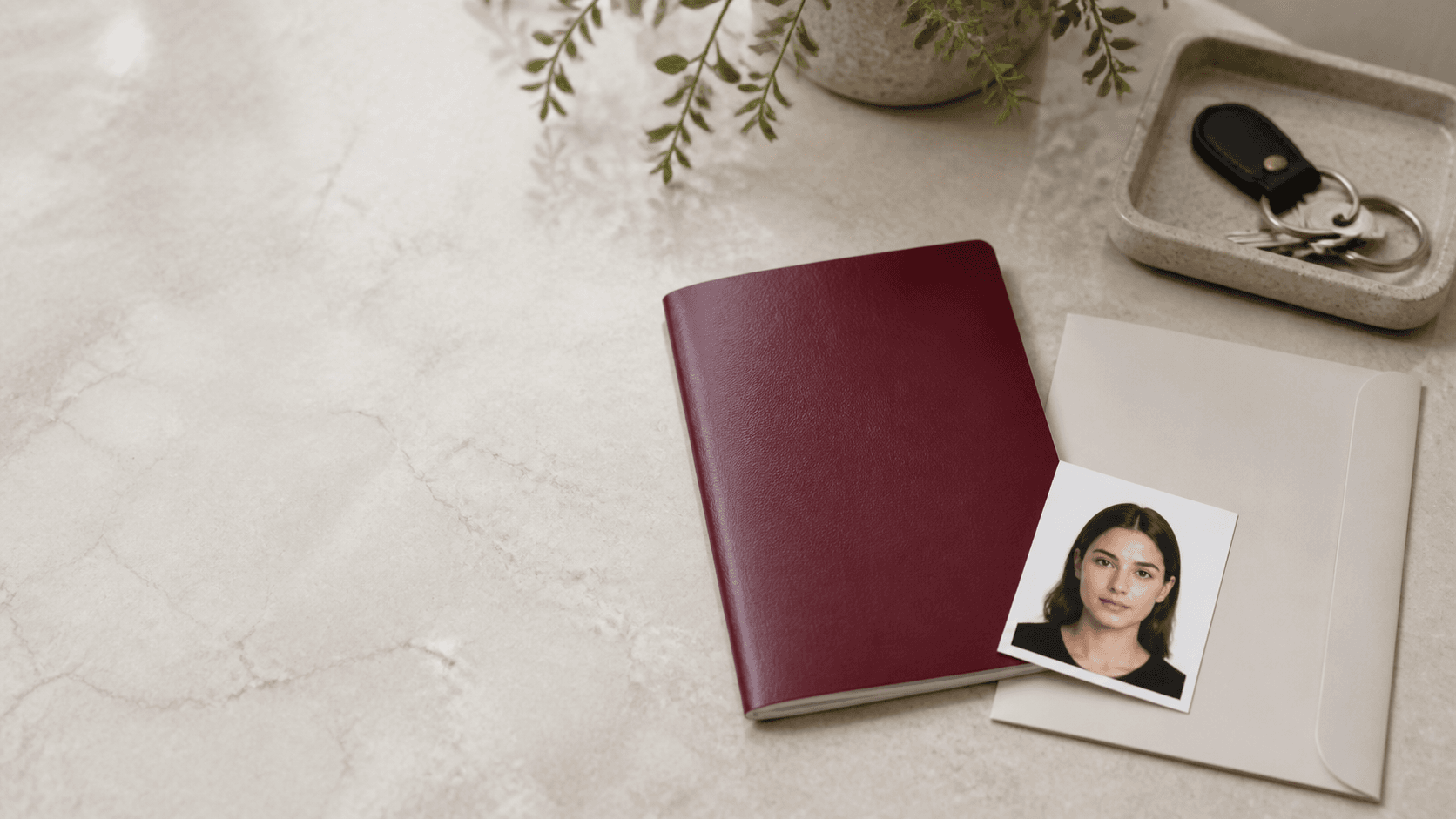 Kayıp veya çalıntı pasaport yenileme başvurusunu temsil eden bordo pasaport ve 50x60 mm biyometrik fotoğraf