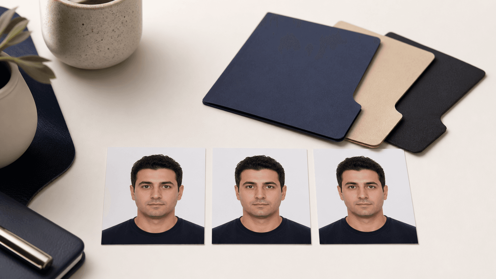 Kimlik, ehliyet ve pasaport işlemleri için aynı portreden hazırlanmış üç biyometrik fotoğraf baskısı