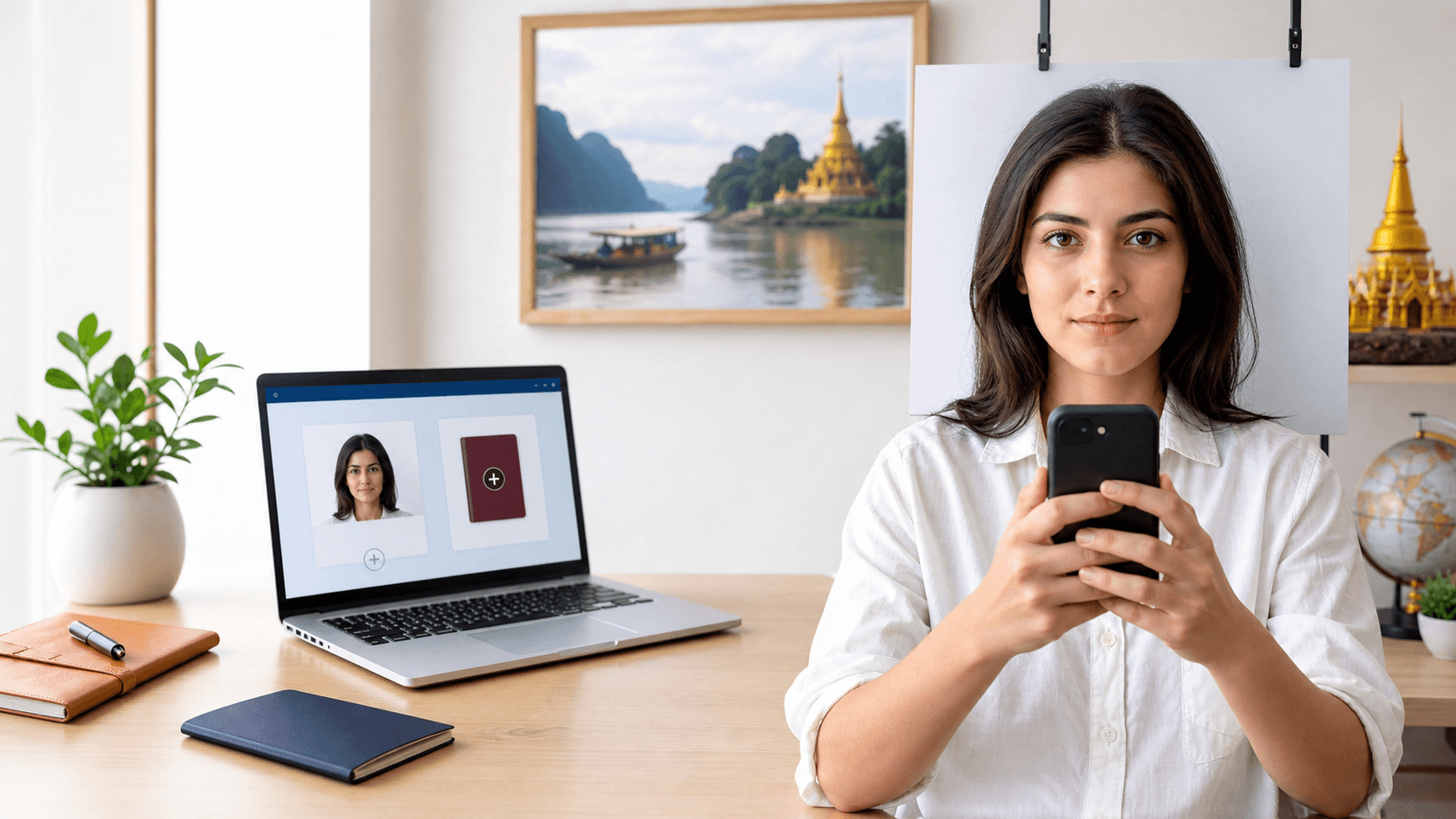 Laos e-Vize için beyaz fonda 4x6 cm dijital portresini telefon ve bilgisayarla hazırlayan Türk yolcu