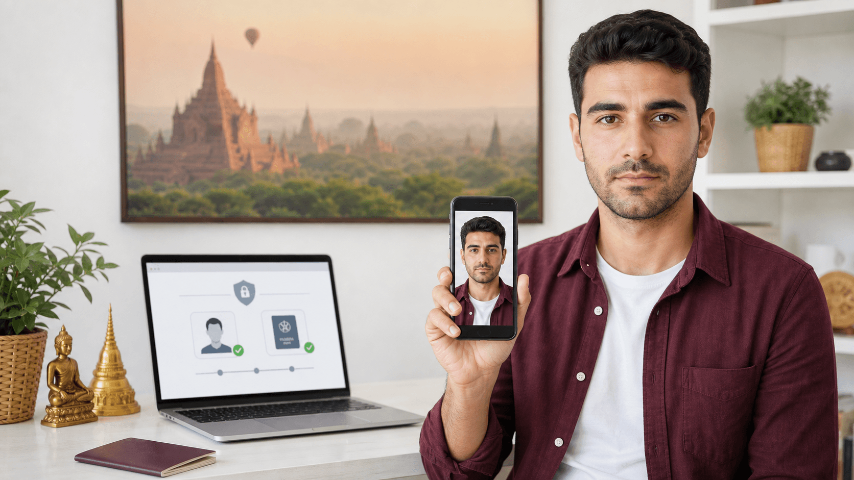 Myanmar e-Vize için 4,6 x 3,8 cm dijital portresini telefon ve bilgisayarla hazırlayan Türk yolcu
