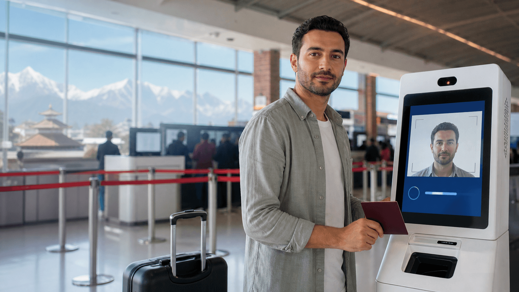 Nepal havalimanında kapıda vize kioskunun kamerasına karşıdan bakarak dijital fotoğraf veren Türk yolcu