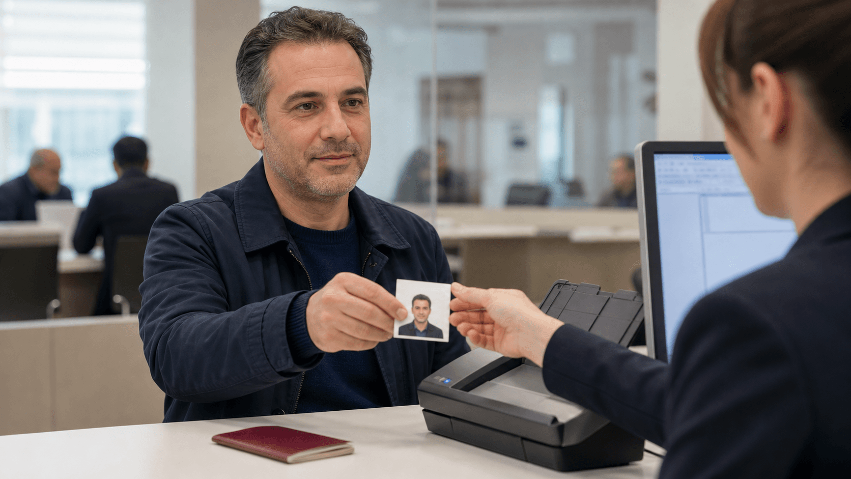 Nüfus müdürlüğünde önceden hazırladığı biyometrik fotoğrafı taranması için görevliye veren pasaport başvuru sahibi