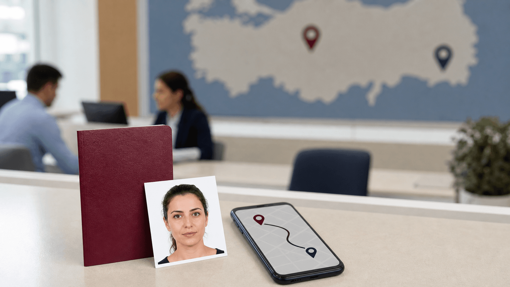 Pasaport başvurusunu başka şehirde yapmayı anlatan harita işaretleri, bordo pasaport ve doğal yüzlü biyometrik fotoğraf