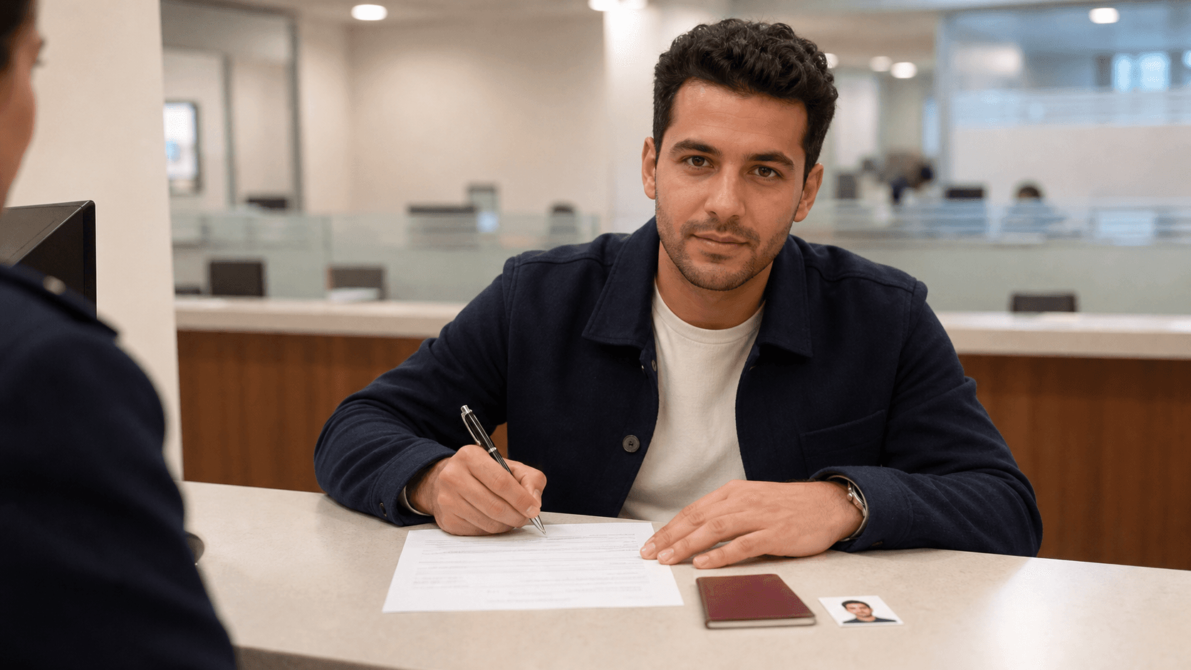 Nüfus müdürlüğünde pasaport başvuru formunu görevli önünde imzalayan yetişkin