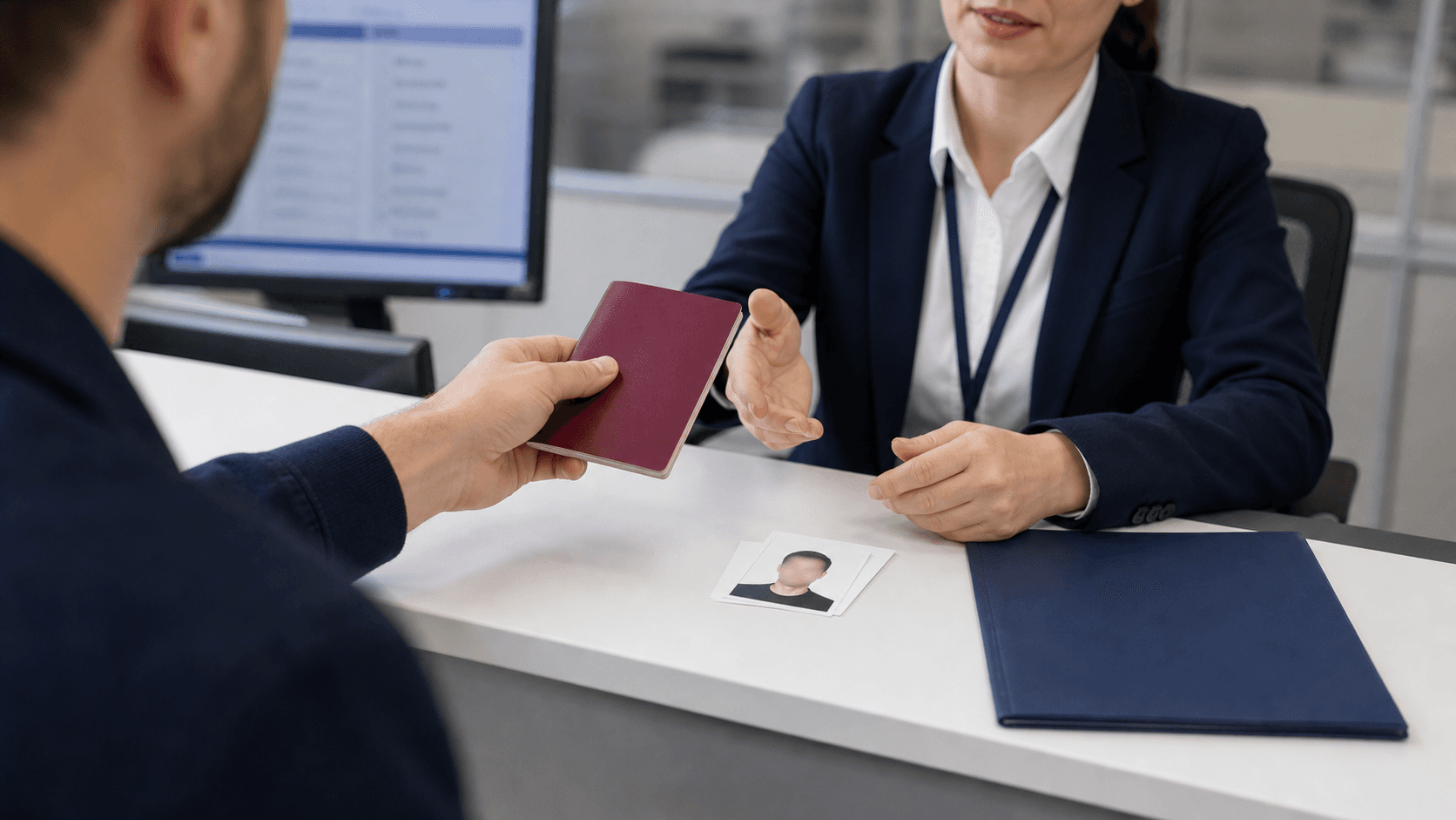 Nüfus müdürlüğünde eski pasaportunu ve yeni biyometrik fotoğrafını görevliye teslim eden başvuru sahibi